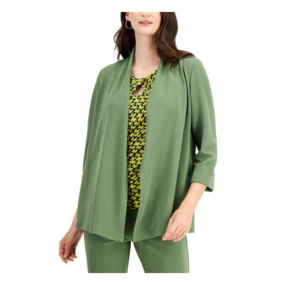 KASPER Jackets & Blazers - KASPER Womens Green Open-front Cardigan 3/4 Sleeve Wear To Work Jacket XS